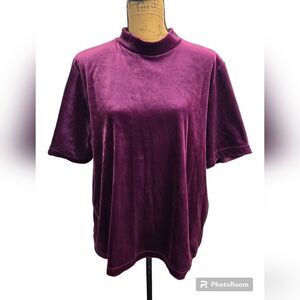 Teddi Vintage Wild Thing Mock Neck Velour Velvet Short Sleeve Top Sz 2X Merlot